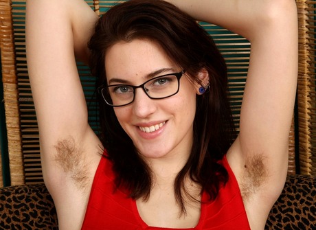 Sexy brunette Alice shows her hairy pits and full furry bush - 3 of 16