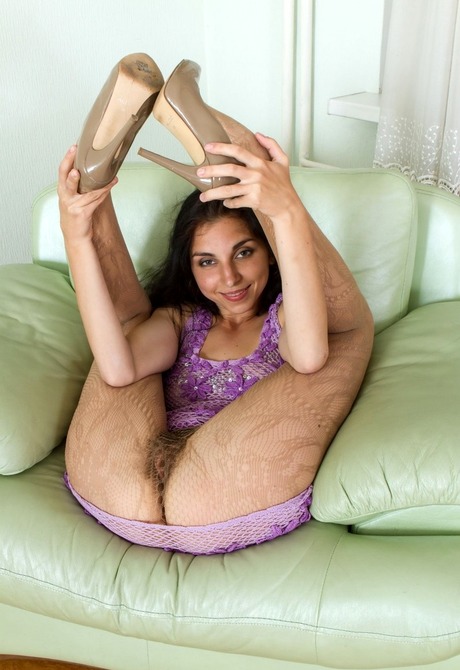 Skinny hairy amateur Aza teasing in stockings and heels - 5 of 16