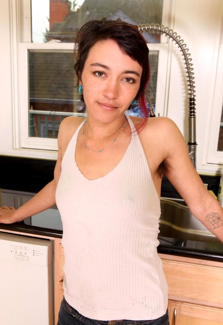 Short haired Chastity shows her furry pits and fuzzy snatch - 1 of 16