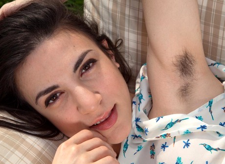 Raven haired Matilda shows her furry pits and big thick bush