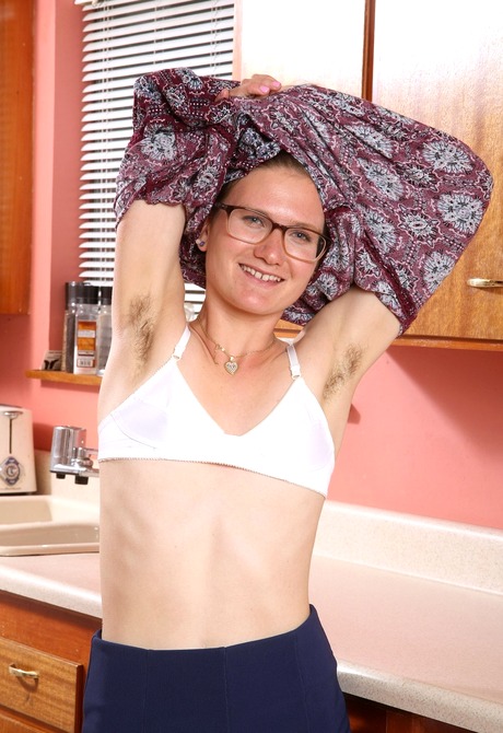 Nerdy babe Skyler shows her sexy thick snatch in the kitchen
