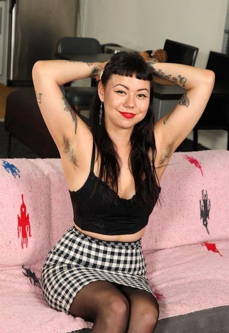 Hairy tattooed asian Tatum stuffing snatch with vibrator