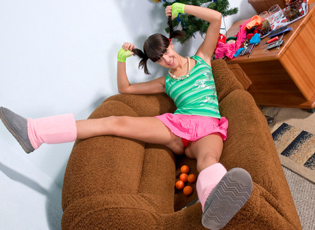 Hairy amateur teen in pigtails spreading furry pussy