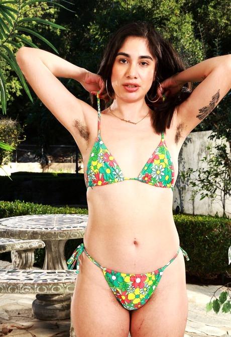 Mature hairy latina Lucy Sunflower teasing in bikini outdoors - 6 of 16