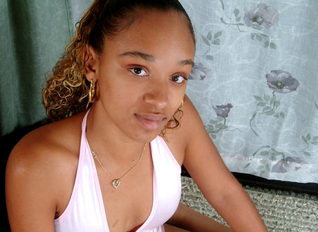 Cute ebony beauty Tatiana spreads hairy pussy after stripping - 2 of 16