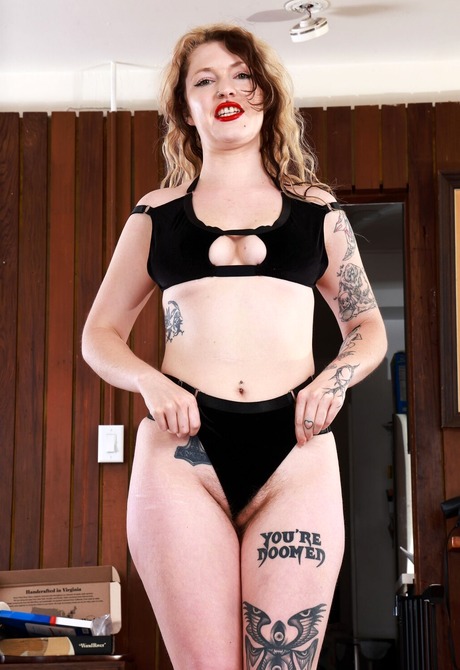 Tattooed sweetie Apricot Pitts teases with hairy armpits before spreading hairy pussy