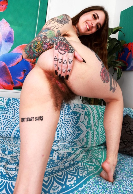 Scary hairy tattooed amateur Pearl Sage spreading furry ass - 13 of 16